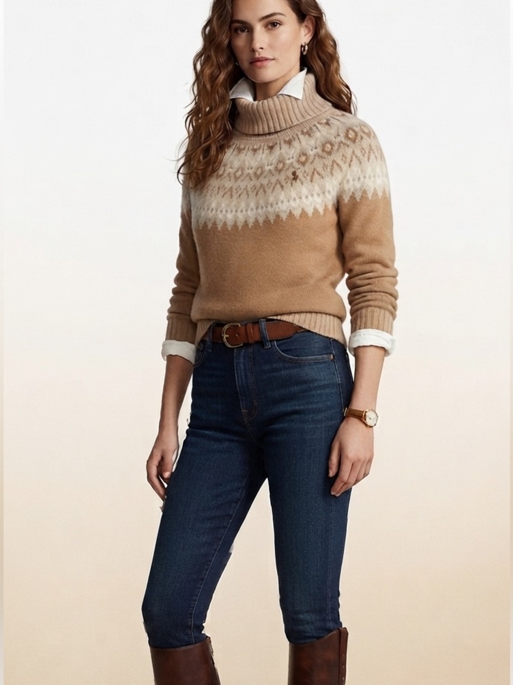 Banana Republic Oversized Beige & Cream Fair Isle Turtleneck Sweater Size Extra